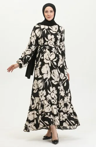 Robe Viscose à Motifs Fleuris 5007-01 Noir Vison 5007-01