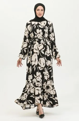 Robe Viscose à Motifs Fleuris 5007-01 Noir Vison 5007-01