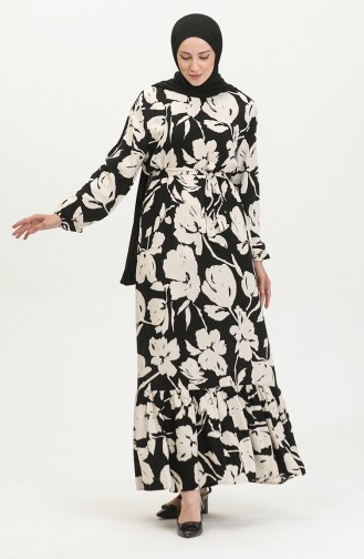 Çiçek Desenli Viskon Elbise 5007-02 Siyah Krem