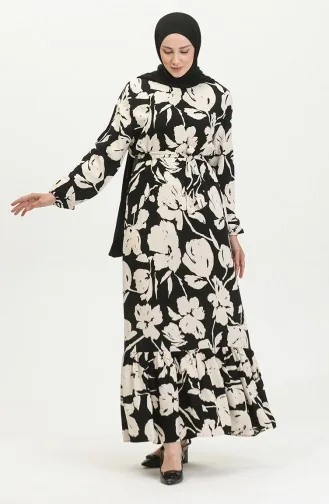 Viskosekleid Mit Blumenmuster 5007-02 Schwarz Creme 5007-02