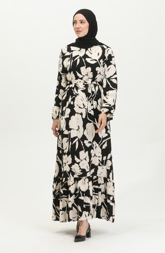 Floral Patterned Viscose Dress 5007-02 Black Cream 5007-02