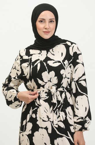 Floral Patterned Viscose Dress 5007-02 Black Cream 5007-02
