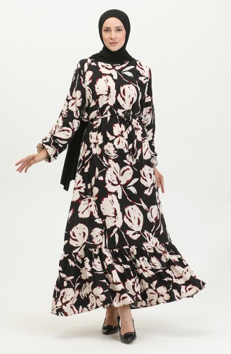 Floral Patterned Viscose Dress 5007-03 Black Claret Red 5007-03