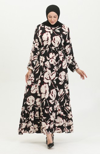 Viscose-jurk Met Bloemenpatroon 5007-03 Zwart Bordeauxrood 5007-03