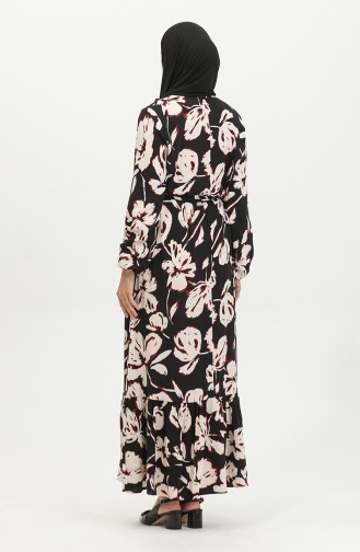 Viscose-jurk Met Bloemenpatroon 5007-03 Zwart Bordeauxrood 5007-03