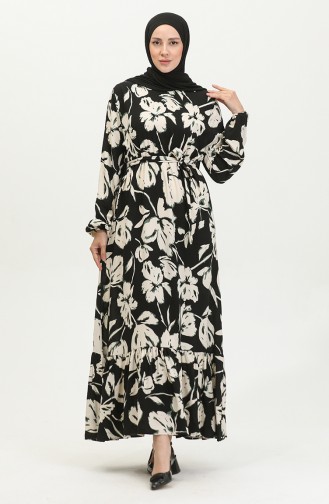Floral Patterned Viscose Dress 5007-04 Black Green 5007-04
