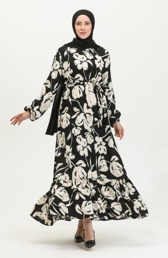 Floral Patterned Viscose Dress 5007-04 Black Green 5007-04