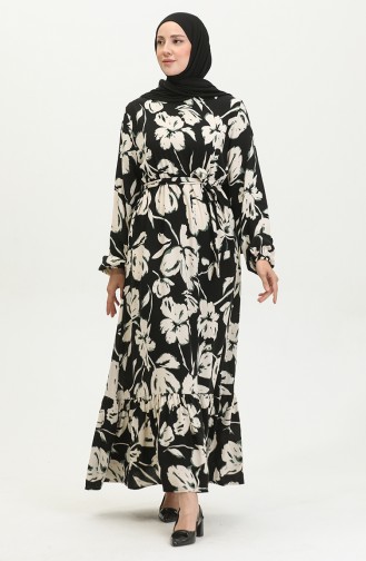 Floral Patterned Viscose Dress 5007-04 Black Green 5007-04