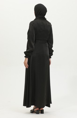 Simli Keten Kuşaklı Elbise 81863-02 Siyah