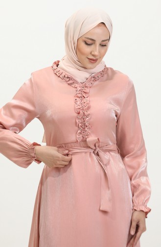 Simli Keten Kuşaklı Elbise 81863-03 Somon
