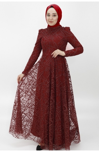 Robe De Soirée Hijab à Motifs Rayures Lurex 4223-01 Rouge Claret 4223-01