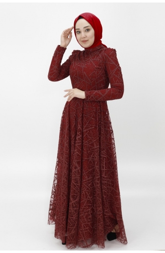 فستان سهرة للحجاب بتصميم مُخطط من قماش لوركس 4223-01 لون خمري 4223-01