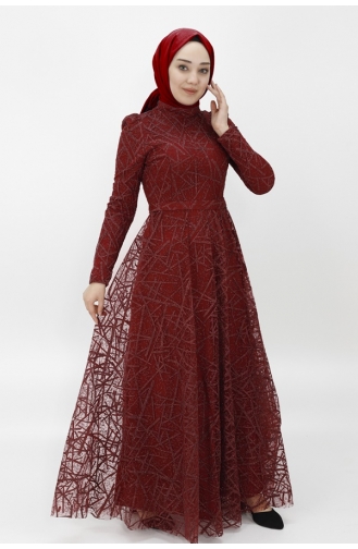 Robe De Soirée Hijab à Motifs Rayures Lurex 4223-01 Rouge Claret 4223-01
