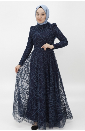 Glitter Fabric Glitter Stripe Patterned Hijab Evening Dress 4223-02 Navy Blue 4223-02