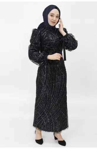 Hijab-Abendkleid Mit Ballonärmeln Aus Silbrigem Tüllstoff 4598-01 Schwarz 4598-01