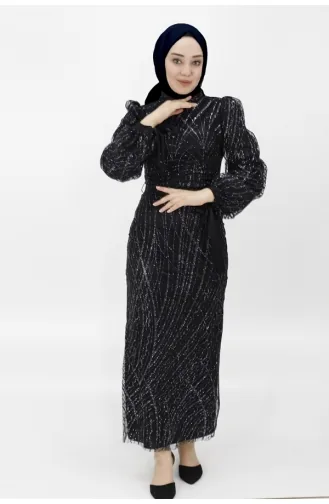 Hijab-Abendkleid Mit Ballonärmeln Aus Silbrigem Tüllstoff 4598-01 Schwarz 4598-01