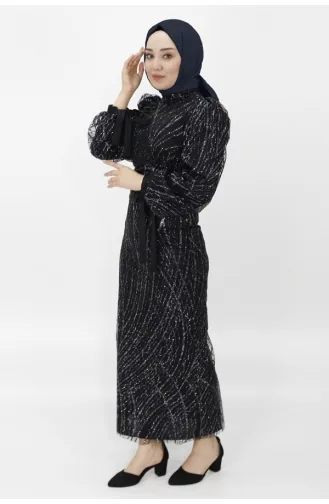 Hijab-Abendkleid Mit Ballonärmeln Aus Silbrigem Tüllstoff 4598-01 Schwarz 4598-01