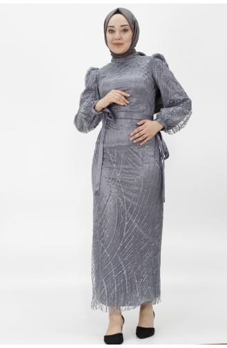 Silvery Tulle Fabric Balloon Sleeve Hijab Evening Dress 4598-02 Gray 4598-02