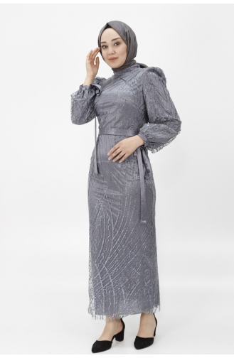 Silvery Tulle Fabric Balloon Sleeve Hijab Evening Dress 4598-02 Gray 4598-02