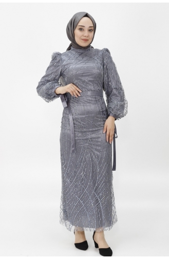 Silvery Tulle Fabric Balloon Sleeve Hijab Evening Dress 4598-02 Gray 4598-02