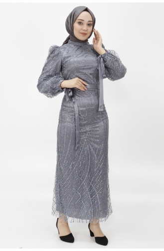 Silvery Tulle Fabric Balloon Sleeve Hijab Evening Dress 4598-02 Gray 4598-02
