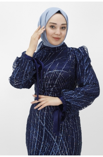 Robe De Soirée Hijab Tissu Tulle Argenté Manches Ballon 4598-03 Bleu Marine 4598-03