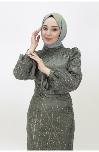 Robe De Soirée Hijab Tissu Tulle Lurex Manches Ballon 4598-04 Khaki 4598-04