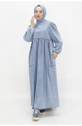 Robe Hijab En Jean Avec Manches Ballon Et Poche 1542-01 Bleu Glace 1542-01