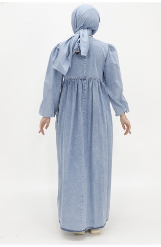 Robe Hijab En Jean Avec Manches Ballon Et Poche 1542-01 Bleu Glace 1542-01