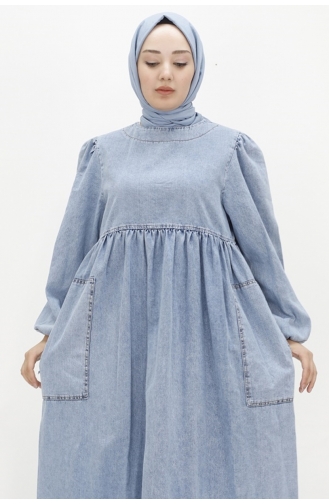 Robe Hijab En Jean Avec Manches Ballon Et Poche 1542-01 Bleu Glace 1542-01