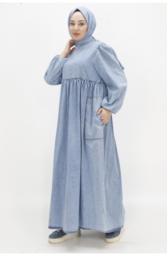 Robe Hijab En Jean Avec Manches Ballon Et Poche 1542-01 Bleu Glace 1542-01