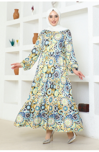 Etnik Desenli Tesettür Elbise Brc1124 1124-01 Sarı