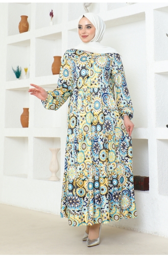 Etnik Desenli Tesettür Elbise Brc1124 1124-01 Sarı