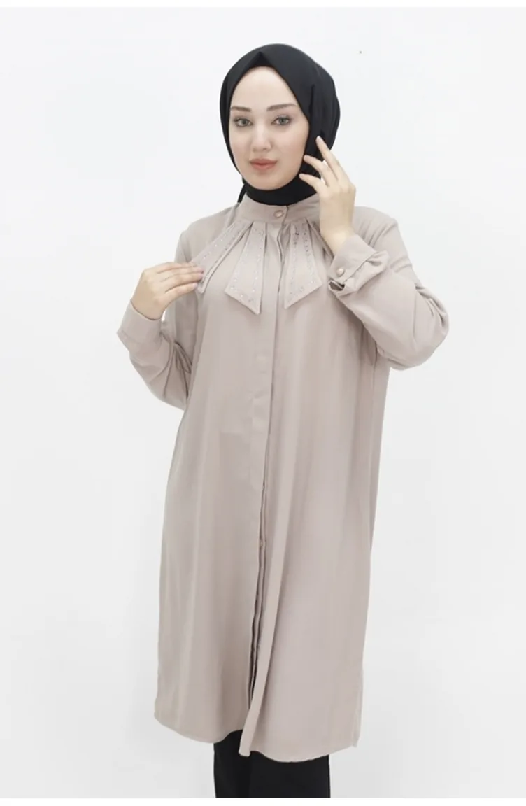 Crystal Fabric Large Size Hijab Tunic With Stone Collar 2416-03 Stone 2416-03