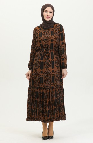 Robe Viscose à Volants Et à Ceinture 4599-01 Marron 4599-01