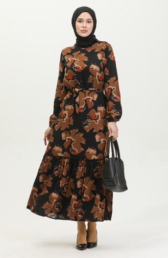 Robe Viscose à Volants Et Ceinturée Alisa 4599C-01 Marron Noir 4599C-01