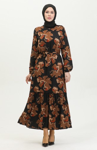 Robe Viscose à Volants Et Ceinturée Alisa 4599C-01 Marron Noir 4599C-01