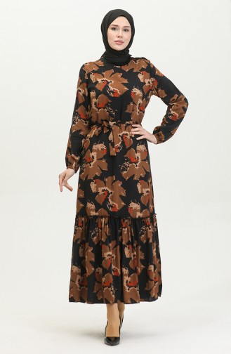 Robe Viscose à Volants Et Ceinturée Alisa 4599C-01 Marron Noir 4599C-01