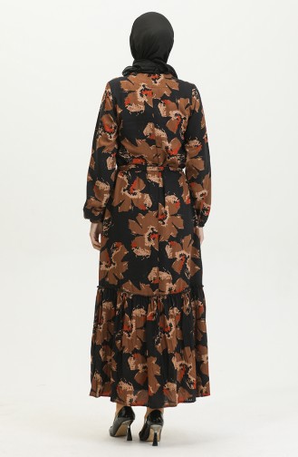 Robe Viscose à Volants Et Ceinturée Alisa 4599C-01 Marron Noir 4599C-01