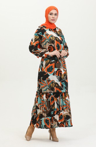 Alisa Robe Evasée En Viscose à Ceinture 4599L-01 Noir Pétrole 4599L-01