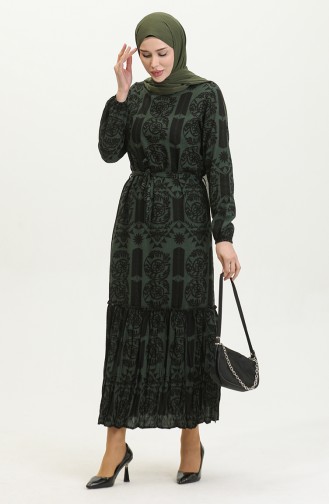 Alisa Robe Evasée En Viscose à Ceinture 4599-03 Vert 4599-03