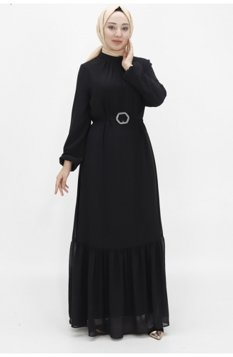 Chiffon Fabric Balloon Sleeve Hijab Evening Dress 2419-01 Black 2419-01