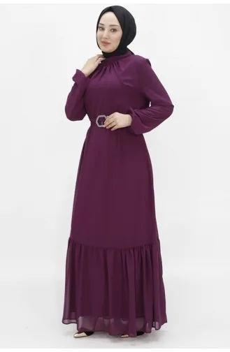 Şifon Kumaş Balon Kol Tesettür Abiye 2419-02 Mor