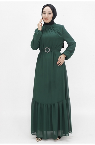 Hijab-Abendkleid Aus Chiffonstoff Mit Ballonärmeln 2419-03 Smaragdgrün 2419-03