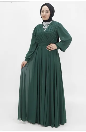 Chiffon-Stoff Zweireihiger Ausschnitt Steinoptik Abendkleid 2417-02 Smaragdgrün 2417-02