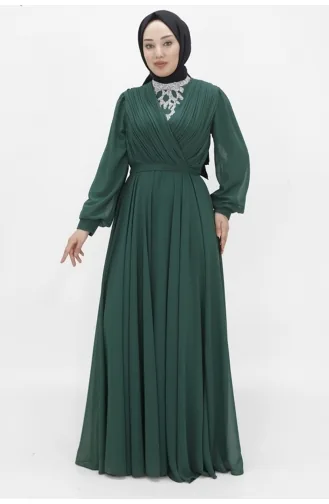 Chiffon-Stoff Zweireihiger Ausschnitt Steinoptik Abendkleid 2417-02 Smaragdgrün 2417-02