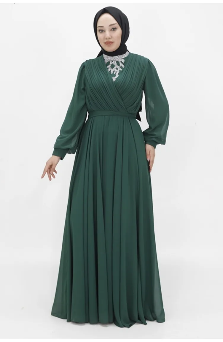 Chiffon-Stoff Zweireihiger Ausschnitt Steinoptik Abendkleid 2417-02 Smaragdgrün 2417-02