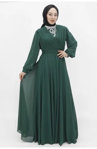 Chiffon-Stoff Zweireihiger Ausschnitt Steinoptik Abendkleid 2417-02 Smaragdgrün 2417-02
