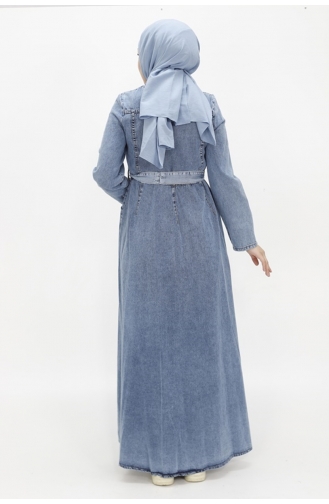 Robe En Jean Hijab Ceinturée Avec Fermeture Éclair Et Col 1659-01 Bleu Glace 1659-01
