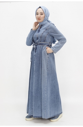 Robe En Jean Hijab Ceinturée Avec Fermeture Éclair Et Col 1659-01 Bleu Glace 1659-01